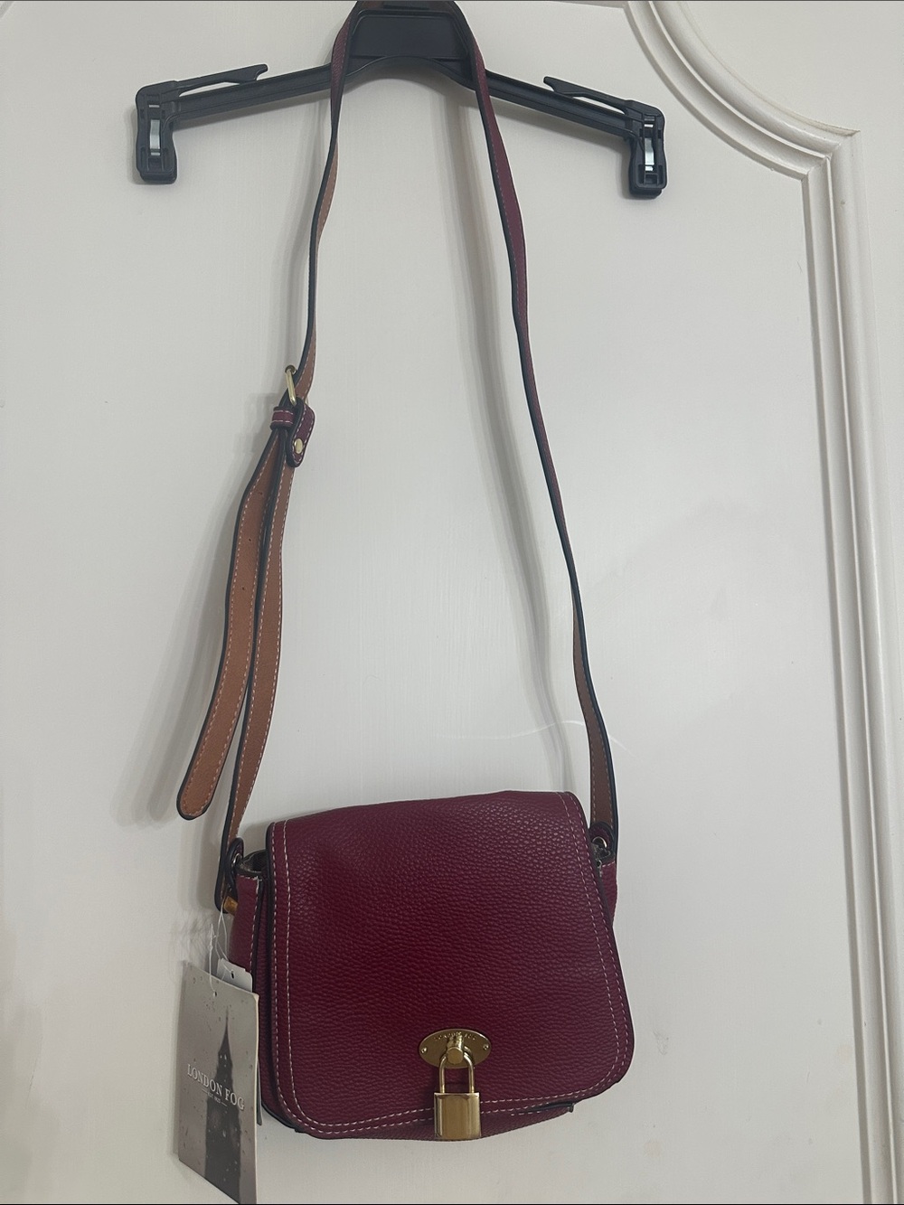 London Fog Burgundy Pebbled Leather Crossbody with Tan Strap